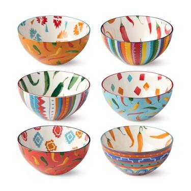 Imagem de Caliente Tigelas multiuso de 293 ml, conjunto de 6, 4,75 polegadas, designs vibrantes de pimenta malagueta e do sudoeste, durável e elegante para lanches, sopas, sobremesas e jantares festivos