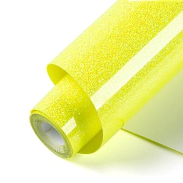 Imagem de HTVRONT Vinil de transferência de calor com glitter - 25,4 cm x 1,8 m neon amarelo limão glitter HTV vinil para camisetas, neon limão amarelo glitter ferro em vinil para todas as máquinas de corte