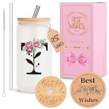 Imagem de HWJH Copo de vidro inicial personalizado para mulheres, copos de vidro de 473 ml com tampas e canudos, conjunto de presente monogramado, copo reutilizável fosco com caixa de presente/porta-copos de