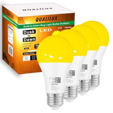 Imagem de QUALILUX Lâmpadas de insetos crepúsculo ao amanhecer ao ar livre, 1900K âmbar amarelo 9,5W 600 lúmens, equivalente a 50W, A19 E26, sensor de fotocélula integrado, lâmpadas inteligentes liga/desliga automáticas, pode usar fechar, pacote com 4