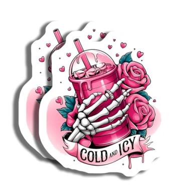 Imagem de Adesivo de bebida de caveira estética segurando a mão - adesivo fofo de bebida rosada - adesivo de vinil rosa - adesivo frio e gelado - adesivo gótico - adesivo de vinil de 12,7 cm - AAS0526