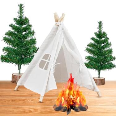 Imagem de Conjunto de 4 peças de decorações de festa com tema de acampamento, inclui 1 barraca, 1 fogueira decorativa de papelão 3D, 2 pinheiros, decorações de festa de acampamento, suprimentos de festa de