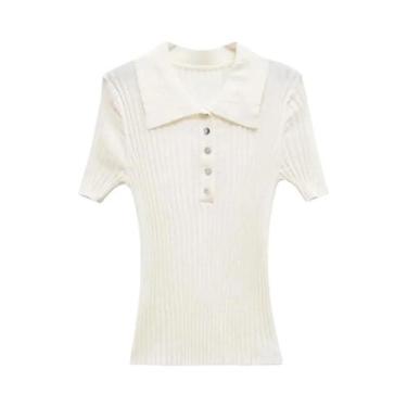 Imagem de Suéter Feminino De Malha Canelada Com Gola Polo Manga Curta Botão Fron