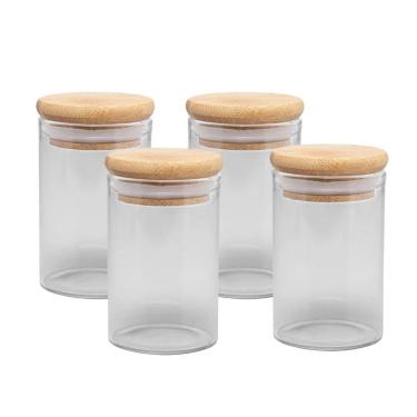 Imagem de Kit 4 Porta Mantimento Vidro Borossilicato Tampa Hermética Bambu 90ml - Wolff