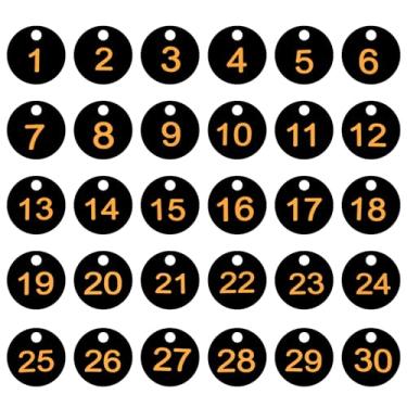 Imagem de PATIKIL 1-30 etiquetas numeradas de plástico redondo numerado identificação identificação chave pendurar etiqueta para chaveiro de dormitório caixa de armário de academia, preto com texto amarelo