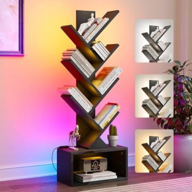 Imagem de Evermagin Estante de árvore de 6 camadas com luzes, estante de livros de LED com organizador de armazenamento, estante de canto pequena para sala de estar, quarto e escritório em casa, preta