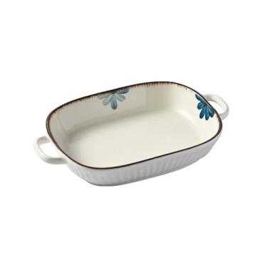 Imagem de Tigela de cozimento Prato de cozimento de orelha dupla placa de cerâmica placa de aquecimento de microondas doméstico anti-escalda tigela de cozimento grande tigela de espaguete larga Assadeira(19cm)