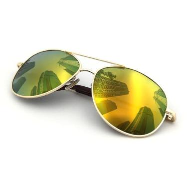 Imagem de J+S Óculos de sol aviador clássico estilo militar premium, polarizado, 100% de proteção UV (armação média - armação dourada/lente laranja espelhada)