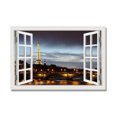 Imagem de Janela de arte de parede com impressão em tela. Vista de janela falsa. Impressão de imagem natural em tela. Arte de cenário para decoração de sala de estar. (Vista da Torre Eiffel de Paris 22). 60 x