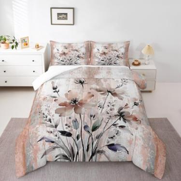 Imagem de Erosebridal Conjunto de edredom Queen com flores em aquarela para mulheres adultas, pintura a óleo abstrata de microfibra, rústico, decoração de quarto de fazenda, amarelo ombré, cinza, branco