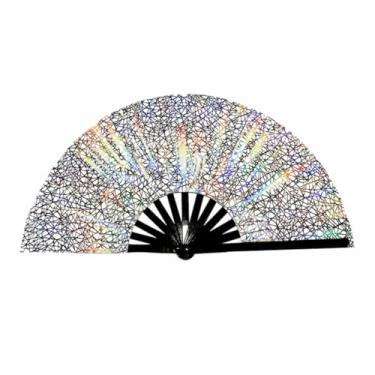 Imagem de Heavyoff Grande ventilador de rave UV brilho dobrável linha pop ventilador de dança ventilador dobrável portátil clacking ventilador para festival festa de casamento desempenho decoração, prata