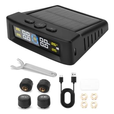 Imagem de Jerbor Sistema de monitoramento de pressão de pneu RV, TPMS com 4 sensores e 6 modos de alarme, monitor de pressão de pneu 0-99PSI com carga solar e carregamento USB, visor LCD colorido atualizado