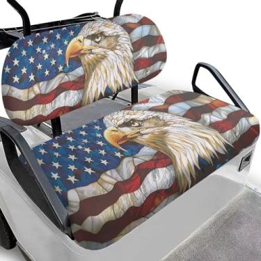 Imagem de Bulopur Pacote com 2 capas de assento de carrinho de golfe com bandeira americana da Bald Eagle, compatível com EZGO TXT RXV/Club Car DS Precedent, conjunto de capa de banco de carrinho de golfe e
