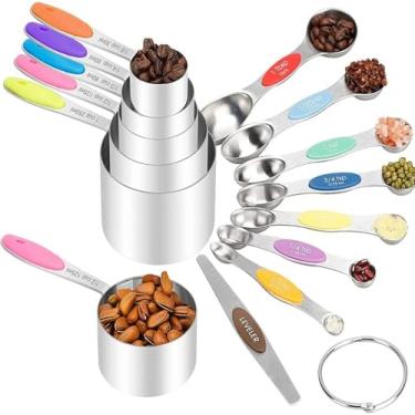 Imagem de OBEST Conjunto de Copos e Colheres Medidores de aço Inoxidável, 5 Copos Medidores, 8 Colheres Medidoras Magnéticas de Dupla Face com Alças de Silicone para Cozinha, Culinária, Panificação
