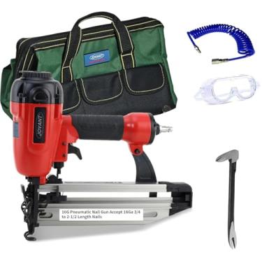 Imagem de JOVANT Pistola de pregos com acabamento de calibre 16 para pregos, pregador de 0,9 cm a 5,5 cm, ideal para estofamento, instalação de portas e janelas de madeira com estojo de transporte e removedor