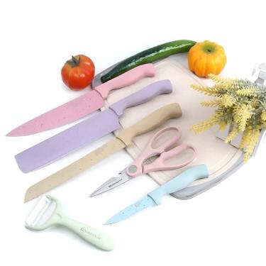 Imagem de Faqueiro Completo Kit Facas Tesoura Descascador Aco Inox Coloridas Conjunto Gourmet 6 Pecas