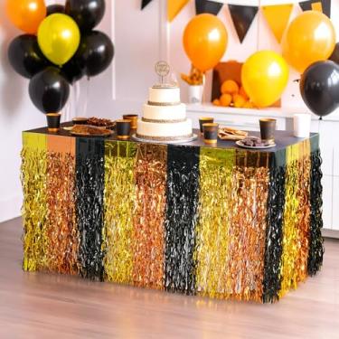Imagem de KatchOn, Franja de mesa preta e dourada – Pacote com 3 | Decorações de festa preta, dourada e laranja | Saias de mesa de tinsel para Halloween, outono, aniversário, Ação de Graças ou decorações de