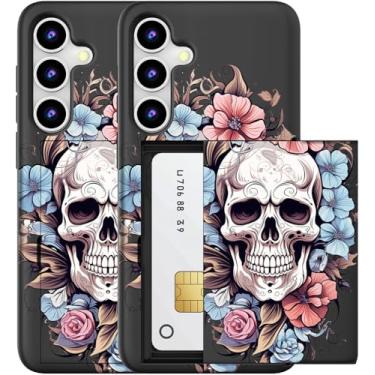 Imagem de MUQR Capa compatível com Samsung Galaxy S23+ Plus com suporte de cartão fofo - Design Kawaii, proteção contra quedas de nível militar, capa carteira robusta para mulheres (caveira preta floral)