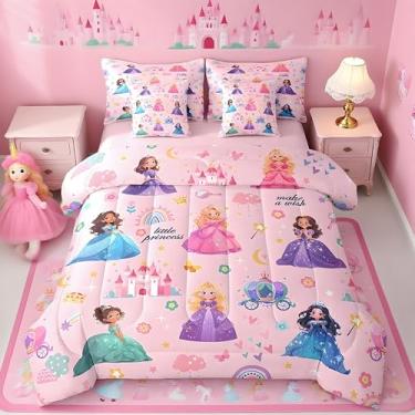 Imagem de jejeloiu Conjunto de cama infantil de 7 peças, princesa, castelo rosa, tamanho Queen, inclui edredom, conjunto de lençol, fronhas e fronhas, decoração de quarto, cama sonhadora de fada em uma bolsa