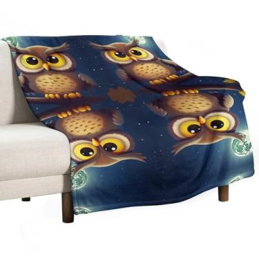 Imagem de Cobertor de flanela com estampa de coruja e lua amarela, cobertor grande, macio, leve, de pelúcia, confortável, cobertor de luxo para sofá, escritório, praia, passeios, 224 x 166 cm (branco)