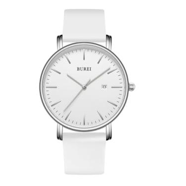 Imagem de BUREI Relógios de pulso masculinos modernos minimalistas analógicos de quartzo à prova d'água para homens, Pulseira branca-prata-branca