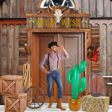 Imagem de Artigos de festa caubói ocidental decoração caixas de fardos de feno banner de pano de fundo de cowboy ocidental