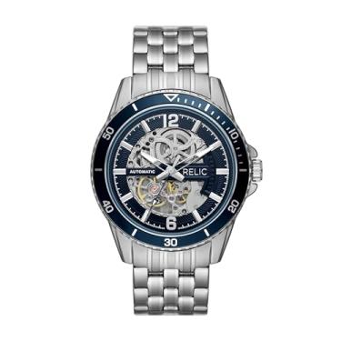 Imagem de Relic by Fossil Relógio masculino Lewis prateado e azul esportivo automático com mostrador esqueleto (modelo: ZR77337), Prata