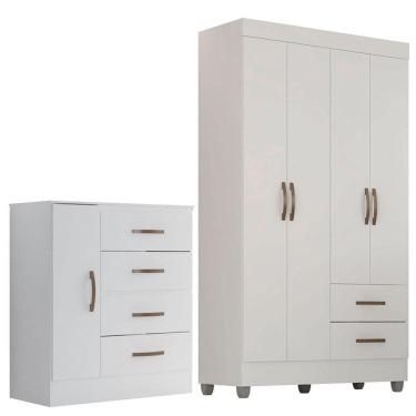 Imagem de Kit Guarda-roupa Solteiro 4 Portas Com Cômoda Sapateira Lisa Branco