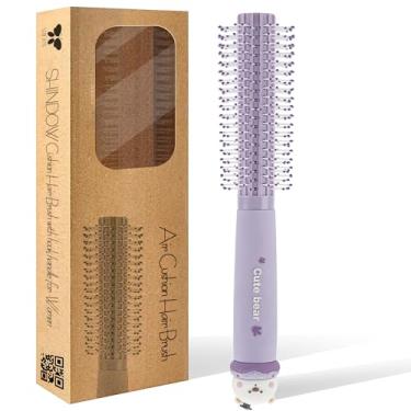 Imagem de SHIDOW Escova redonda pequena para secar – Escova de estilo para franja, cabelo fino e raízes – Mini escova de cabelo redonda para volume com alça antiderrapante e design de urso fofo - roxo