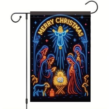 Imagem de Saoplasa Bandeira de Natal para jardim de presépio 30,5 x 45,7 cm bandeira dupla face para jardim de férias ao ar livre neon manjedoura Jesus Mary Joseph Sagrada família religiosa decoração de gramado