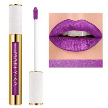 Imagem de MAKI YIKA Batom roxo para mulheres, batons metálicos, glíter, longa duração, sem manchas, brilho labial líquido (BR18 Ametista)