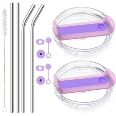 Imagem de Pacote com 2 tampas à prova de vazamento com 4 canudos de metal de aço inoxidável reutilizáveis SUS 304 para copo Stanley de 1,134 g, tampa de derramamento de acessórios Stanley Cup (transparente e