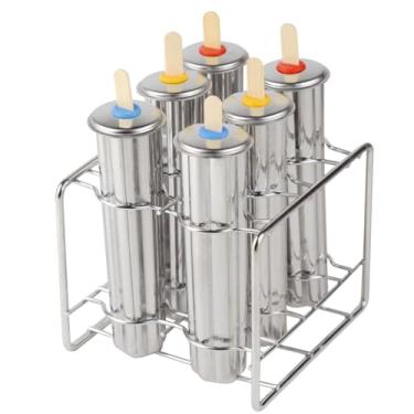 Imagem de Moldes de picolé de aço inoxidável, conjunto de 6 máquinas de sorvete, moldes de picolé com suporte, moldes de picolé caseiros reutilizáveis de metal com palitos e sacos (copo de flores, sem