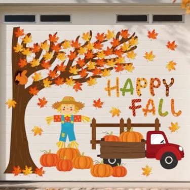 Imagem de FYSUIMU 37 peças, folhas de outono, árvore, ímãs de garagem, decoração, espantalho, abóbora, caminhão, garagem, decalques para porta de garagem, feliz outono, adesivos magnéticos de geladeira para