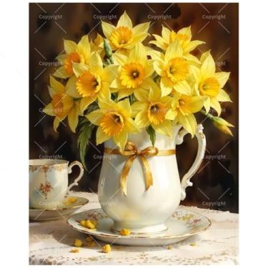 Imagem de Kit de pintura de narcisos de primavera por números para adultos – DIY narcisos amarelos em jarra de porcelana pintura em tela 40 x 50 cm, conjunto de tinta acrílica, adequado para iniciantes, arte