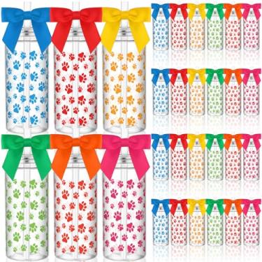 Imagem de Singhoow 24 conjuntos de copos de pata de cachorro com tampas, canudos e laços de fita, copos de plástico para filhotes de 396 g, copos de patas de várias cores para aniversários, chás de bebê