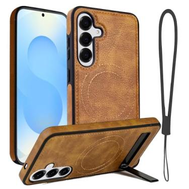 Imagem de Moment Dextrad Capa magnética de couro para Galaxy S25/S24 marrom, suporte embutido, compatível com MagSafe, pulseira de silicone, proteção interna de TPU, capa fina à prova de choque