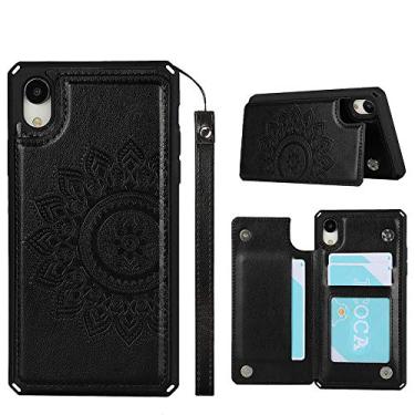 Imagem de ShunJieTech Capa para iPhone XR, [Suporte para cartão de crédito e capa carteira com ranhura] Capa mandala traseira protetora à prova de choque com alça (6,1 polegadas) - preta