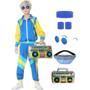 Imagem de TIMSOPHIA 80s Tracksuit for Kids, 90s Outfits Boys Girls Hip Hop Dance Costume for Retro Theme Party, Blue, 11-12 years