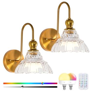 Imagem de Arandelas de parede vintage operadas por bateria sem fio, bateria recarregável com luzes de parede de sombra de vidro de flor, abajur de casa de fazenda com controle remoto para sala de jantar