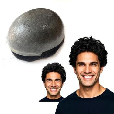 Imagem de Hywel Toupee masculina com cabelo humano real, pele macia completa peruca de nó único para homens, espessura (08-10 mm) sistema de cabelo ondulado natural tamanho base 15 x 20 cm, peças de cabelo cor