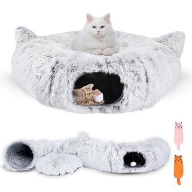 Imagem de PurrPuff Caverna para cama de túnel para gatos com brinquedos de erva-dos-gatos - esconderijo de gato e túnel de donut para gatos - túneis 3 em 1 para gatos internos - Cama dobrável para gatos fofos