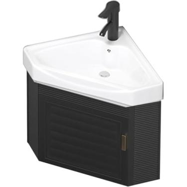 Imagem de Pia De Banheiro De Montagem Em Parede, Armário De Vaidade Do Banheiro, Pia De Vaso De Cerâmica, Pia De Canto Pequena, Pia De Vaso Branco, Pia De Banheiro E Conjunto De Com, Black, 41X48cm