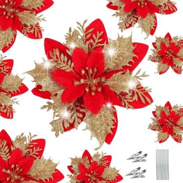 Imagem de WUBAYI 12 peças de decoração de flores de árvore de Natal com 12 hastes e clipes, flores de poinsétia artificial com glitter de Natal para decoração de guirlanda de Natal e ano novo (dourado vermelho)