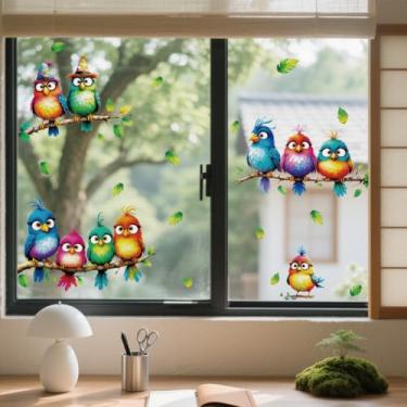 Imagem de ANATTASOUL Adesivos de janela estática 3D desenhos animados pássaros e galhos 1 folha de decalques de janela reutilizáveis para vidro, 120 cm x 30 cm adesivo de janela dupla face removível para quarto