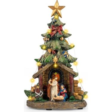 Imagem de Candieslife Presépio de árvore de Natal com estatuetas de luz LED, presépio de família sagrada de Natal para presente de decoração de Natal, enfeites de Natal decorativos de mesa