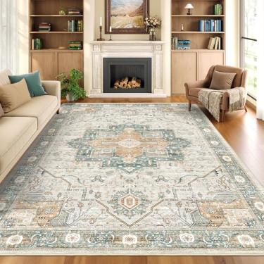 Imagem de Roxstand Tapete de 15 x 23 cm, tapetes laváveis resistentes a manchas com suporte antiderrapante, tapete vintage, tapete grande para quarto, sala de estar, tapete macio dobrável (verde/cinza claro,