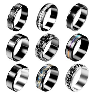 Imagem de Aroncent Conjunto de anéis giratórios masculinos de 9 peças: anéis fidget de ansiedade de aço inoxidável com design de corrente de zircônia cúbica - para alívio do estresse, Zircão, Zircão