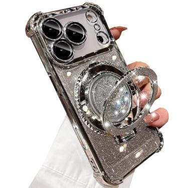 Imagem de Changjia Capa com suporte líquido com glitter para iPhone Pro Max, linda luxuosa cintilante com protetor de câmera, anel fluido, suporte de TPU (poliuretano termoplástico) à prova de choque, capa