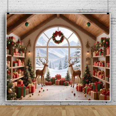 Imagem de Cenários de Natal de 3,7 x 3 m para sessão de fotos, sala de madeira, janela nevada de inverno, cenário de paisagem, tema de Natal, fotografia de fundo, Happy Holidays, decorações de aniversário para